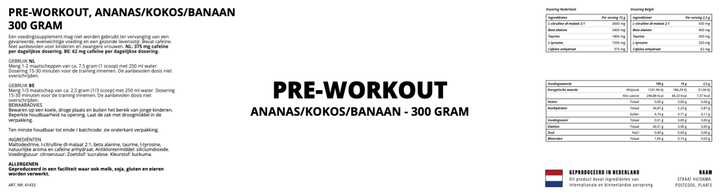 Pre - Workout, Ananas - Kokosnoot & Banaan - 300 Gram - YOURGYMLABEL